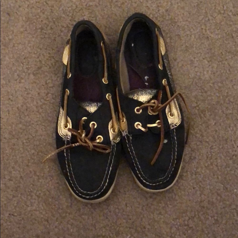 Navy and gold sperrys